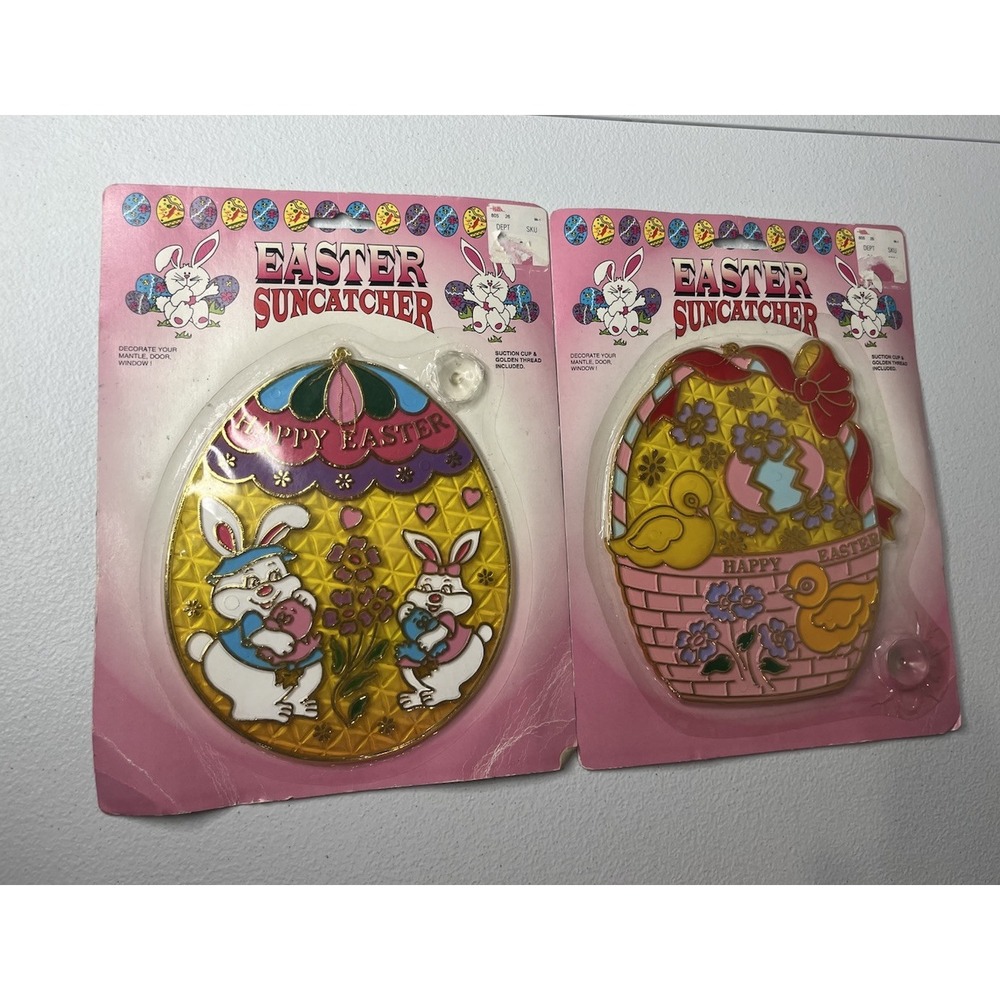 Vtg Easter Suncatcher Hanging Plastic Lot of 2 Mystic Industries Happy Easter‎